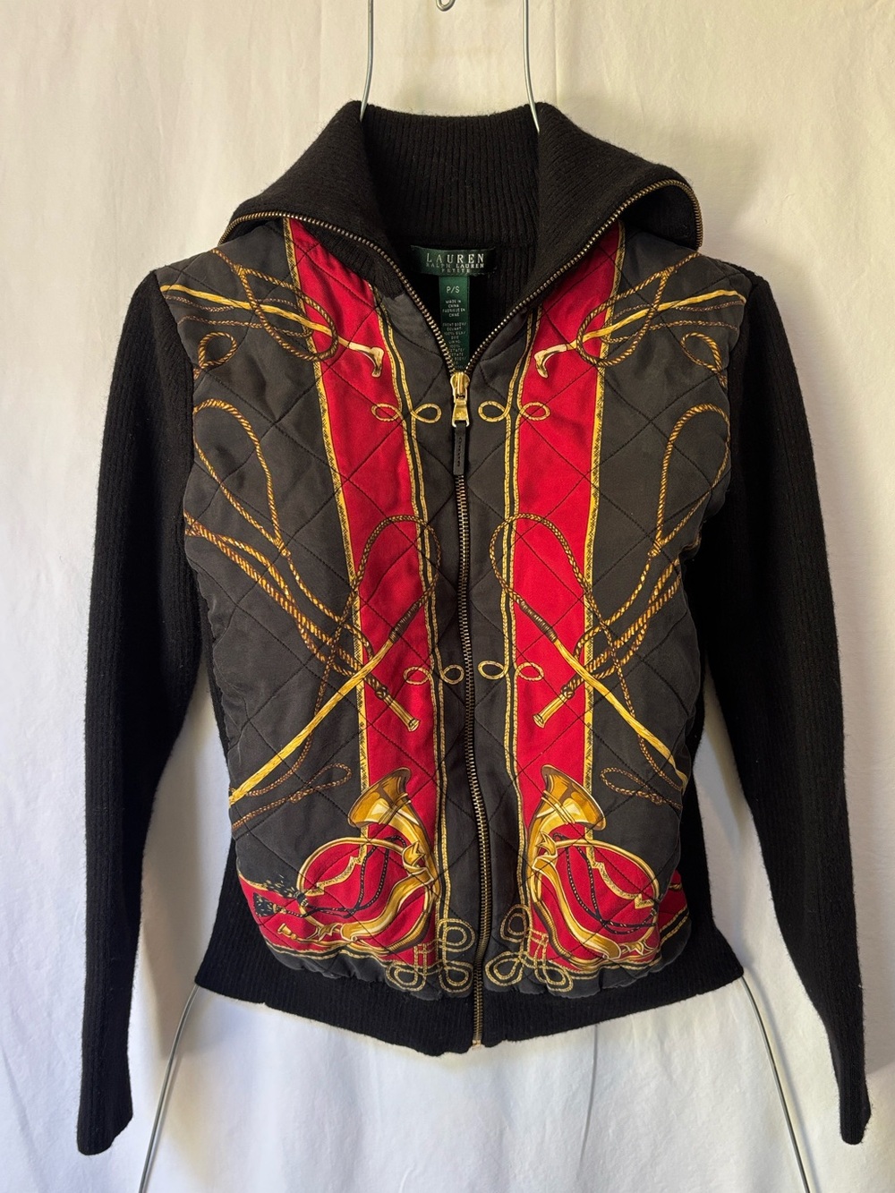 Ralph Lauren Black Quilted Bomber with Red & Gold Scarf Motif